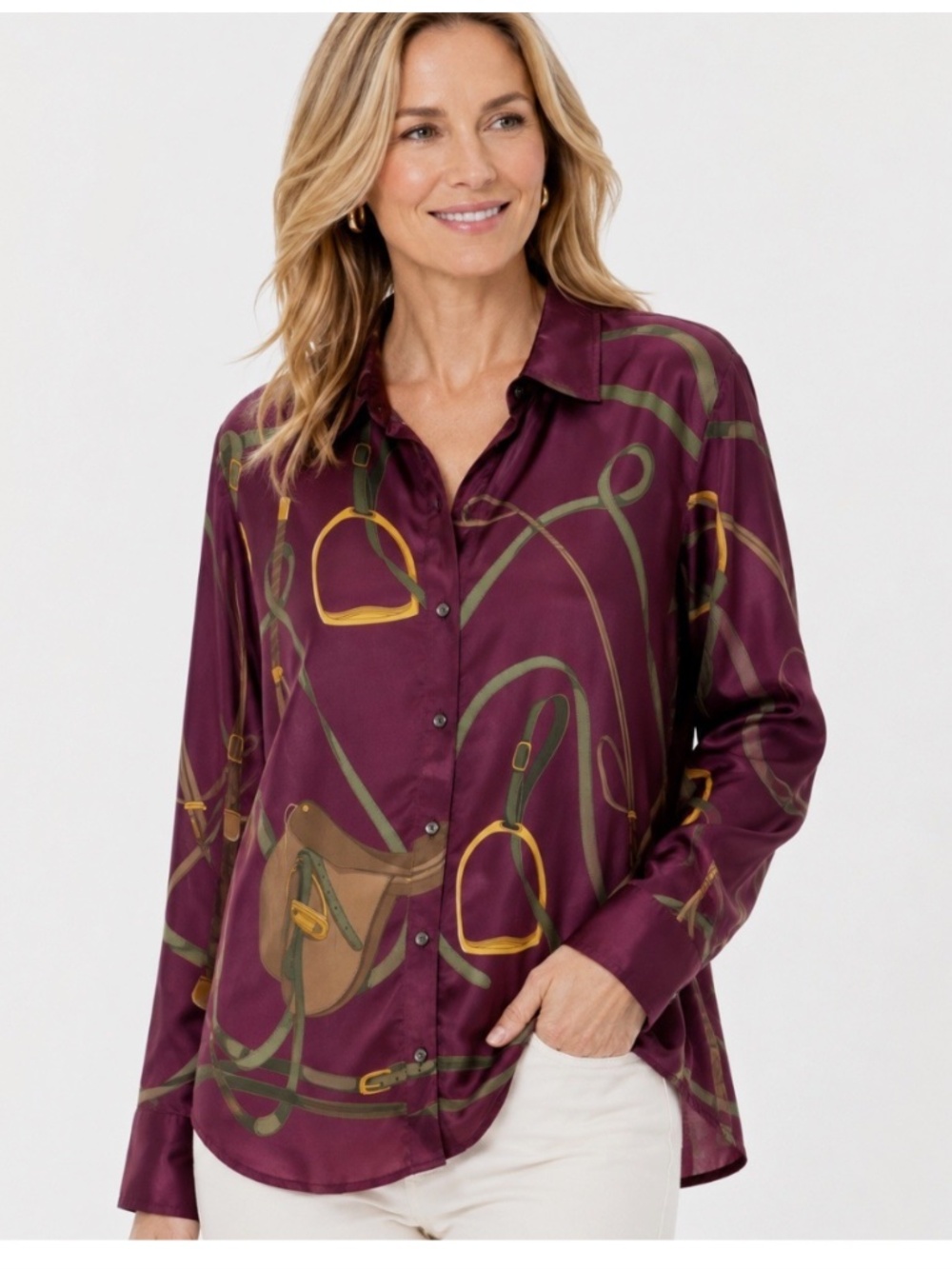 J. McLaughlin Denver Silk Blend Blouse in Burgundy Equestrian Print NWT